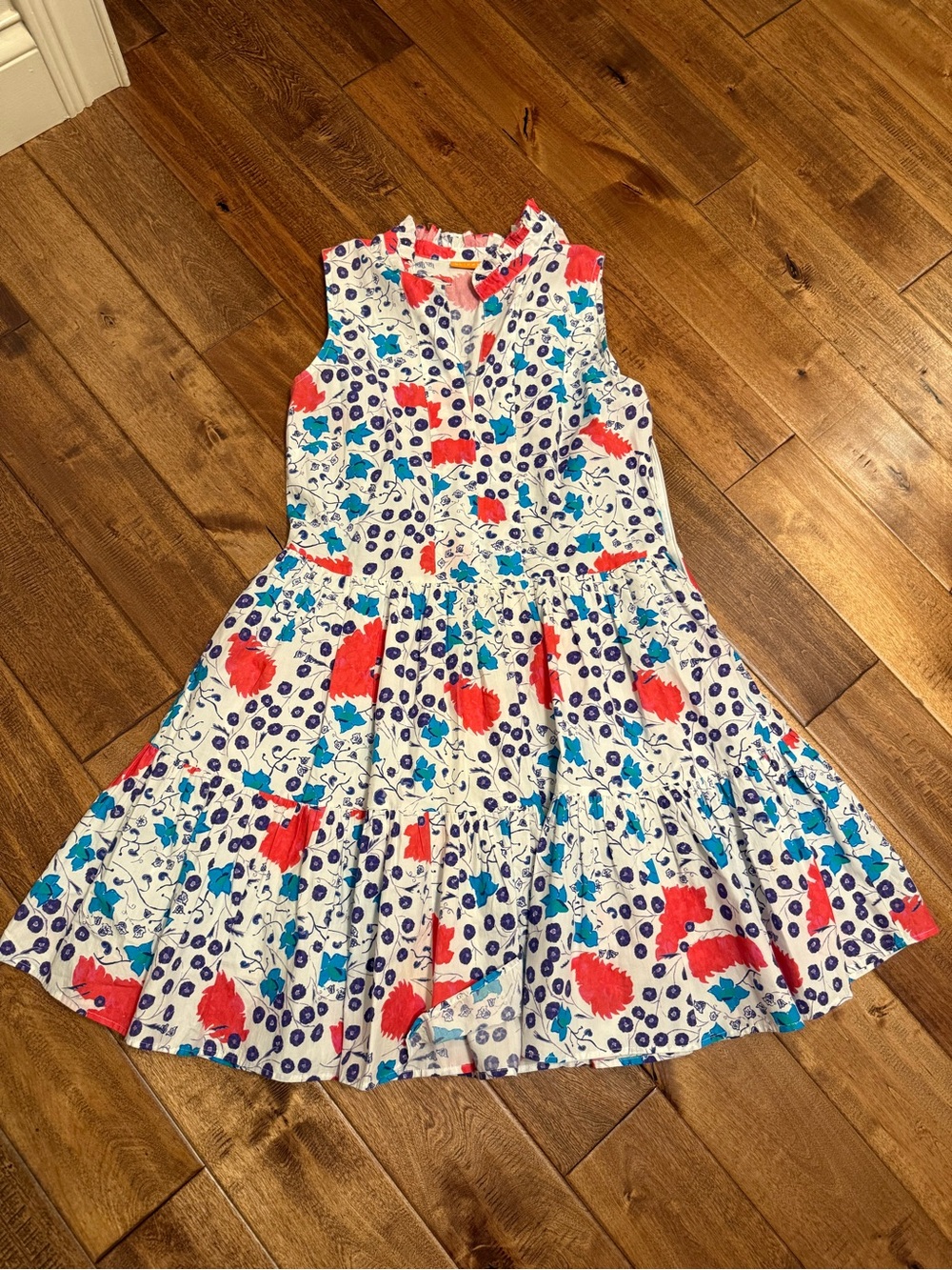 OLIPHANT White Floral Tiered Dress with red & blue Accents